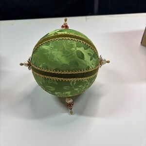 LARGE Vintage Christmas Ornament Push Pin Beads Green satin Velvet Gold 5 Inch